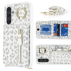 Jaorty Samsung Galaxy A54 5G Phone Case for Women with Card Holder,Samsung A54 Case Wallet Crossbody Lanyard with Strap,Credit Card Slots Kickstand Case with Ring Holder,6.4 Inch,White Leopard