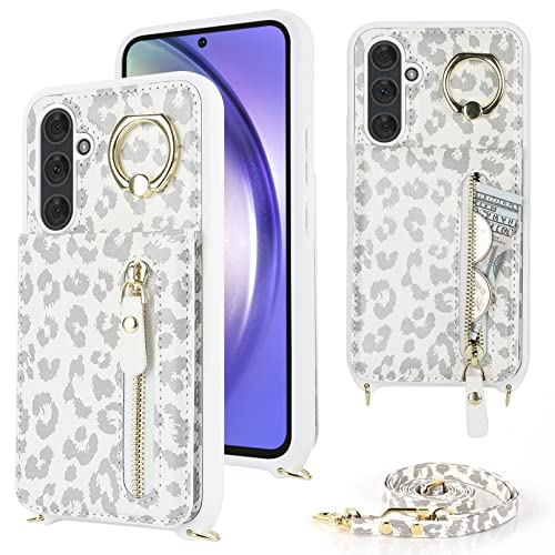 Jaorty Samsung Galaxy A54 5G Phone Case for Women with Card Holder,Samsung A54 Case Wallet Crossbody Lanyard with Strap,Credit Card Slots Kickstand Case with Ring Holder,6.4 Inch,White Leopard