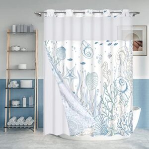 ikfashoni nautical coastal no hook shower curtain with snap in liner, seashell beach shower curtain with liner, hotel shower curtain, ocean themed shower curtains for bathroom decor, 72" x 72"