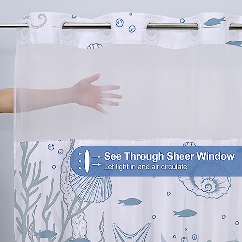 Ikfashoni Nautical Coastal No Hook Shower Curtain with Snap in Liner, Seashell Beach Shower Curtain with Liner, Hotel Shower Curtain, Ocean Themed Shower Curtains for Bathroom Decor, 72" x 72"