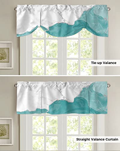 Funnywall88 Tie Up Curtain Valance for Living Room,Wild Marble Pattern Gold Teal White Ombre Valance for Kitchen Window Valance Adjustable Tie-up Valance 12 Inch Rod Pocket 1 Panel