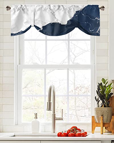 Funnywall88 Tie Up Curtain Valance for Living Room,Wild Marble Pattern Gold White Navy Ombre Valance for Kitchen Window Valance Adjustable Tie-up Valance 18 Inch Rod Pocket 1 Panel