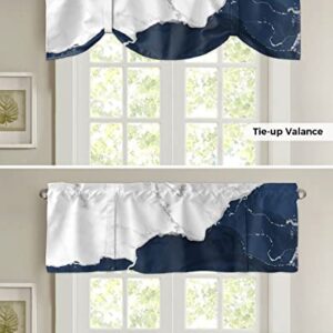 Funnywall88 Tie Up Curtain Valance for Living Room,Wild Marble Pattern Gold White Navy Ombre Valance for Kitchen Window Valance Adjustable Tie-up Valance 18 Inch Rod Pocket 1 Panel