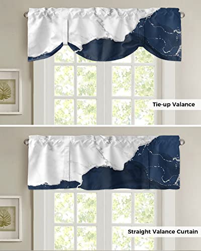 Funnywall88 Tie Up Curtain Valance for Living Room,Wild Marble Pattern Gold White Navy Ombre Valance for Kitchen Window Valance Adjustable Tie-up Valance 18 Inch Rod Pocket 1 Panel