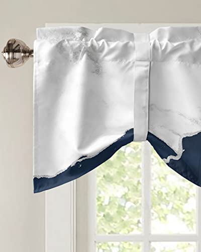 Funnywall88 Tie Up Curtain Valance for Living Room,Wild Marble Pattern Gold White Navy Ombre Valance for Kitchen Window Valance Adjustable Tie-up Valance 18 Inch Rod Pocket 1 Panel