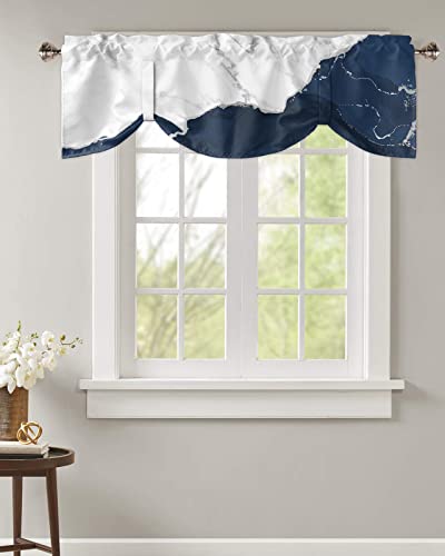 Funnywall88 Tie Up Curtain Valance for Living Room,Wild Marble Pattern Gold White Navy Ombre Valance for Kitchen Window Valance Adjustable Tie-up Valance 18 Inch Rod Pocket 1 Panel