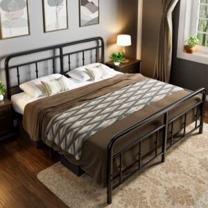 king size bed frame with victorian style wrought iron-art headboard and footboard, king metal platform bed frame rustic vintage metal bed frame king size no box spring needed noise free, black (king)