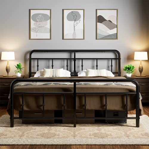 King Size Bed Frame with Victorian Style Wrought Iron-Art Headboard and Footboard, King Metal Platform Bed Frame Rustic Vintage Metal Bed Frame King Size No Box Spring Needed Noise Free, Black (King)