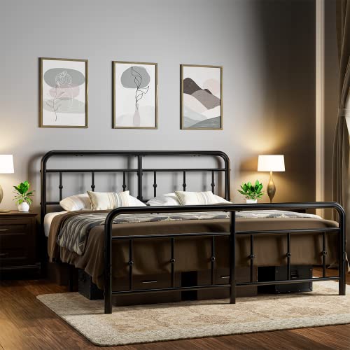 King Size Bed Frame with Victorian Style Wrought Iron-Art Headboard and Footboard, King Metal Platform Bed Frame Rustic Vintage Metal Bed Frame King Size No Box Spring Needed Noise Free, Black (King)