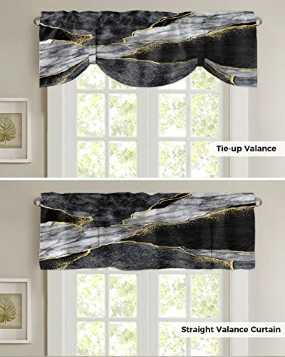 Tie Up Kitchen Curtain Valance Black White Marble with Gold Stripe Adjustable Window Shade Valances Rod Pocket Small Windows Treatment Panel for Bathroom Bedroom,42"x12",Abstract Stone Agate Texture