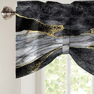 Tie Up Kitchen Curtain Valance Black White Marble with Gold Stripe Adjustable Window Shade Valances Rod Pocket Small Windows Treatment Panel for Bathroom Bedroom,42"x12",Abstract Stone Agate Texture