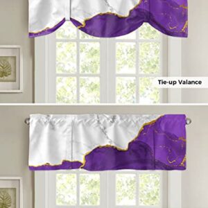 Tie Up Valance 18 Inches Long Wild Marble Pattern Gold Purple White Ombre Adjustable Top Shade Valance for Kitchen Window Treatments Rod Pocket Short Valances for Living Room Kids Room 60x18" 1 Panel