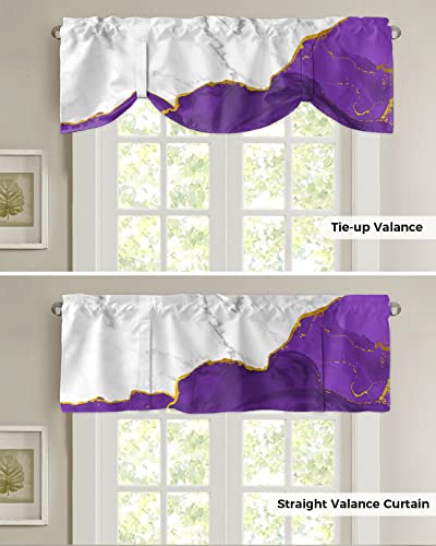 Tie Up Valance 18 Inches Long Wild Marble Pattern Gold Purple White Ombre Adjustable Top Shade Valance for Kitchen Window Treatments Rod Pocket Short Valances for Living Room Kids Room 60x18" 1 Panel