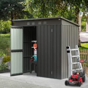 domi backyard storage shed 5.45' x 3.69' with sloping roof galvanized steel frame outdoor garden shed metal utility tool storage room with latches and lockable door for balcony (dark gray)