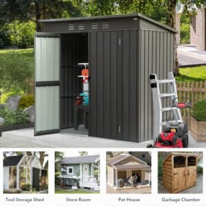 Domi Backyard Storage Shed 5.45' x 3.69' with Sloping Roof Galvanized Steel Frame Outdoor Garden Shed Metal Utility Tool Storage Room with Latches and Lockable Door for Balcony (Dark Gray)