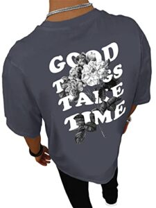 gorglitter men's novelty casual letter graphic crewneck t-shirt half sleeve oversized tee top dark grey floral & slogan large