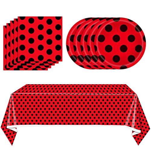 41PCS Red and Black Birthday Party Decorations Bug Party Decorations Red and Black Birthday Party Tableware Set Red Black Party Paper Plates Napkins Tablecloth For Boys Girls Baby Shower Party Supplies