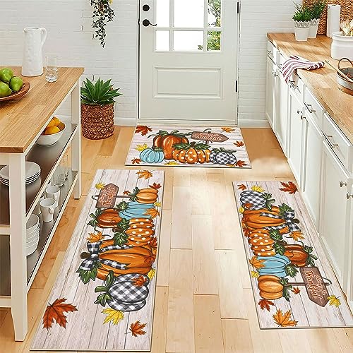 U'Artlines Fall Pumpkin Kitchen Rugs with Runner Sets 3 Piece Farmhouse Seasonal Harvest Holiday Party Rugs and Mats Non Skid Washable Kitchen Floor Mats for Home Hallway Sink Laundry Decor(Pumpkin)