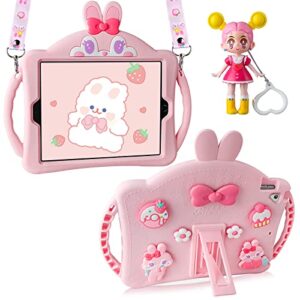 vofuoe for ipad 6th 5th generation case, ipad 9.7 case 2018 2017 with dolls shoulder straps, cute rabbit soft silicone tablet cases kids girls for ipad pro 2016/ipad air 2th, ipad 6th/5th 9.7''-pink
