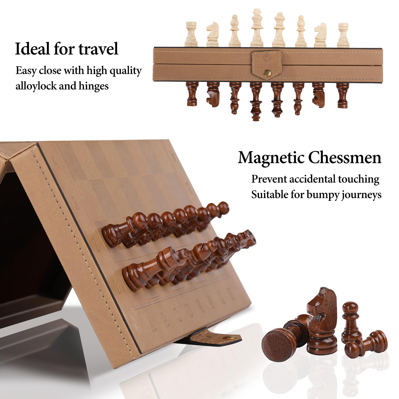 15" Magnetic Chess & Checkers Set，suwam Leather Portable Travel Chess Board Games，Beginner Large Chess Set for Kids and Adults