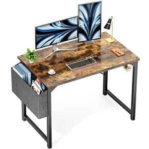 computer desk - 40 inch office desk, writing desk with storage and hooks, wood writing desk for bedroom, work desk for home office, pc table desk, rustic brown