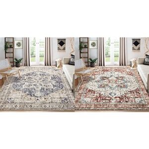 Area Rug Living Room Rugs - Cream Blue 8x10 and Red 8x10 Rug Set Vintage Oriental Distressed Farmhouse Large Thin Indoor Carpet for Living Room Bedroom Under Dining Table Home Office