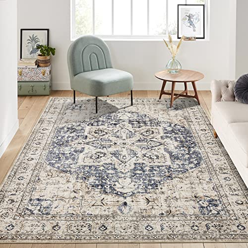 Area Rug Living Room Rugs - Cream Blue 8x10 and Red 8x10 Rug Set Vintage Oriental Distressed Farmhouse Large Thin Indoor Carpet for Living Room Bedroom Under Dining Table Home Office