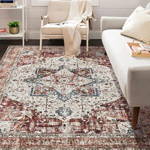 Area Rug Living Room Rugs - Cream Blue 8x10 and Red 8x10 Rug Set Vintage Oriental Distressed Farmhouse Large Thin Indoor Carpet for Living Room Bedroom Under Dining Table Home Office