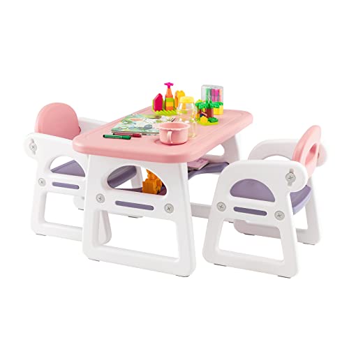 Costzon Kids Table and Chair Set, 3-Piece Plastic Activity Table with Building Blocks, Storage Shelf for Children Reading, Drawing, Writing, Arts & Crafts, Toddler Table and Chair Set (Pink)