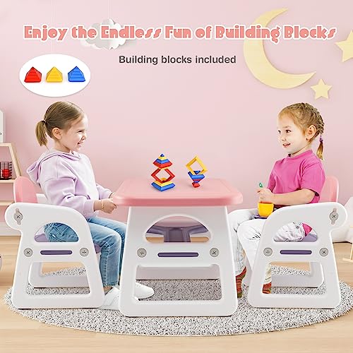 Costzon Kids Table and Chair Set, 3-Piece Plastic Activity Table with Building Blocks, Storage Shelf for Children Reading, Drawing, Writing, Arts & Crafts, Toddler Table and Chair Set (Pink)