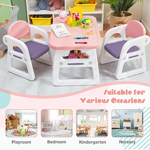 Costzon Kids Table and Chair Set, 3-Piece Plastic Activity Table with Building Blocks, Storage Shelf for Children Reading, Drawing, Writing, Arts & Crafts, Toddler Table and Chair Set (Pink)