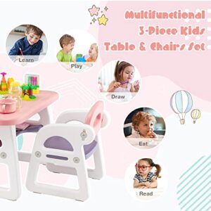 Costzon Kids Table and Chair Set, 3-Piece Plastic Activity Table with Building Blocks, Storage Shelf for Children Reading, Drawing, Writing, Arts & Crafts, Toddler Table and Chair Set (Pink)