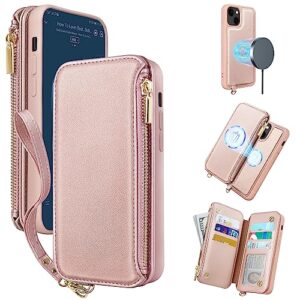 civicase 2 in 1 wallet case for iphone 13 / iphone 14,magnetic detachable flip folio phone case,rfid card protection,6 card slots zipper pocket,wireless charging compatible magsafe [rose gold]