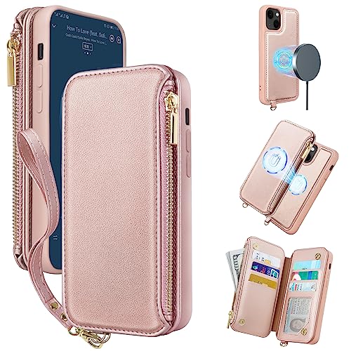 CIVICASE 2 in 1 Wallet Case for iPhone 13 / iPhone 14,Magnetic Detachable Flip Folio Phone Case,RFID Card Protection,6 Card Slots Zipper Pocket,Wireless Charging Compatible Magsafe [Rose Gold]