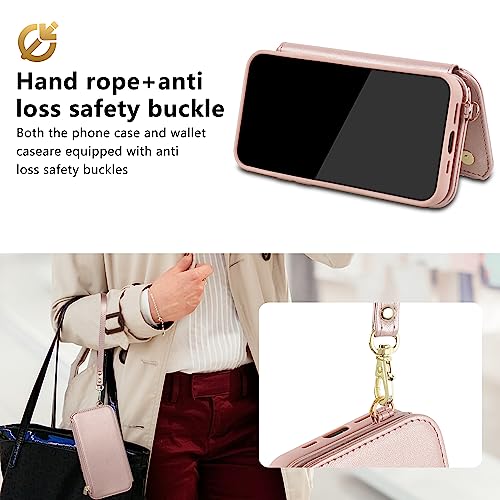 CIVICASE 2 in 1 Wallet Case for iPhone 13 / iPhone 14,Magnetic Detachable Flip Folio Phone Case,RFID Card Protection,6 Card Slots Zipper Pocket,Wireless Charging Compatible Magsafe [Rose Gold]