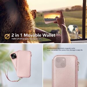 CIVICASE 2 in 1 Wallet Case for iPhone 13 / iPhone 14,Magnetic Detachable Flip Folio Phone Case,RFID Card Protection,6 Card Slots Zipper Pocket,Wireless Charging Compatible Magsafe [Rose Gold]