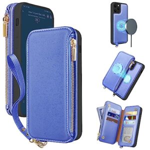 civicase for iphone 13 pro zipper case with,2 in 1 wallet case magnetic detachable,rfid card protection,6 card slots zipper pocket handbag,wireless charging compatible magsafe -ocean blue