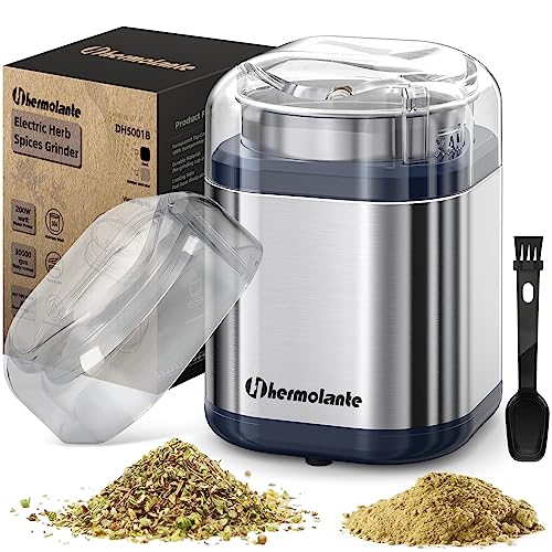 Hermolante Herb Grinder Spice Grinder, 200 w Herb Grinder with Stainless Steel Blade and Cleaning Brush, Compact Size Electric Grinder for Herbs and Spices - 5.11in (Stainless Steel)