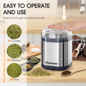 Hermolante Herb Grinder Spice Grinder, 200 w Herb Grinder with Stainless Steel Blade and Cleaning Brush, Compact Size Electric Grinder for Herbs and Spices - 5.11in (Stainless Steel)