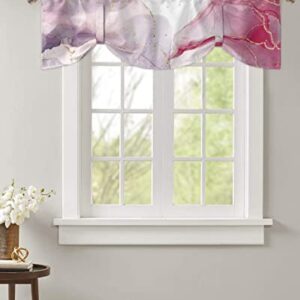 Tie Up Valance for Kitchen Windows, Abstract Marble Agate Texture Tie-up Curtain Shade Valances 42"x12" Rod Pocket Short Curtains Window Treatment for Living Room Pastel Theme Pink Purple White Gold