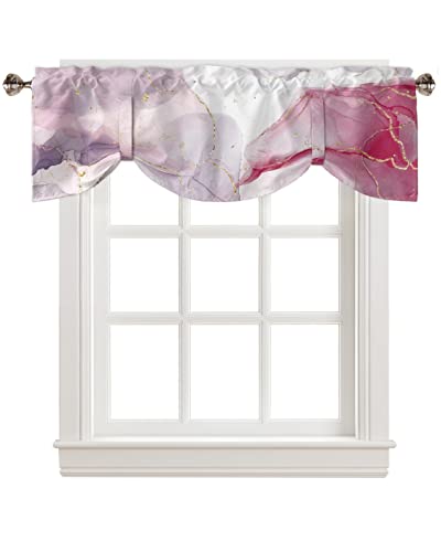 Tie Up Valance for Kitchen Windows, Abstract Marble Agate Texture Tie-up Curtain Shade Valances 42"x12" Rod Pocket Short Curtains Window Treatment for Living Room Pastel Theme Pink Purple White Gold