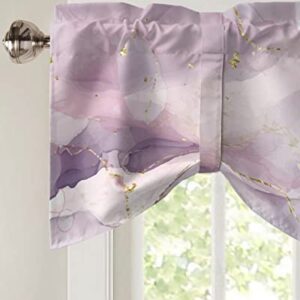 Tie Up Valance for Kitchen Windows, Abstract Marble Agate Texture Tie-up Curtain Shade Valances 42"x12" Rod Pocket Short Curtains Window Treatment for Living Room Pastel Theme Pink Purple White Gold