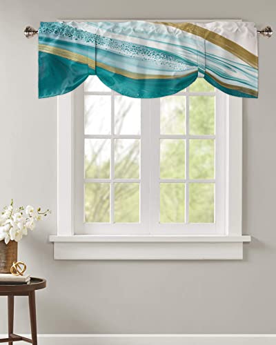 Abstract Tie Up Valance for Kitchen Windows, Turquoise White Gold Marble Texture Tie-up Curtain Shade Valances 42"x12" Rod Pocket Short Curtains Window Treatment for Living Room Stone Fluid Art