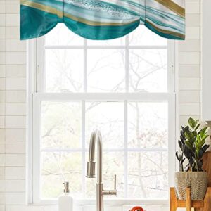 Abstract Tie Up Valance for Kitchen Windows, Turquoise White Gold Marble Texture Tie-up Curtain Shade Valances 42"x12" Rod Pocket Short Curtains Window Treatment for Living Room Stone Fluid Art