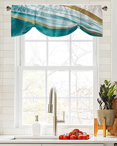 Abstract Tie Up Valance for Kitchen Windows, Turquoise White Gold Marble Texture Tie-up Curtain Shade Valances 42"x12" Rod Pocket Short Curtains Window Treatment for Living Room Stone Fluid Art