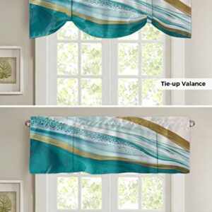 Abstract Tie Up Valance for Kitchen Windows, Turquoise White Gold Marble Texture Tie-up Curtain Shade Valances 42"x12" Rod Pocket Short Curtains Window Treatment for Living Room Stone Fluid Art