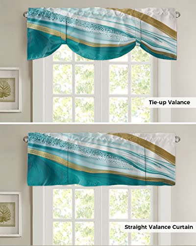 Abstract Tie Up Valance for Kitchen Windows, Turquoise White Gold Marble Texture Tie-up Curtain Shade Valances 42"x12" Rod Pocket Short Curtains Window Treatment for Living Room Stone Fluid Art