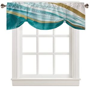 Abstract Tie Up Valance for Kitchen Windows, Turquoise White Gold Marble Texture Tie-up Curtain Shade Valances 42"x12" Rod Pocket Short Curtains Window Treatment for Living Room Stone Fluid Art