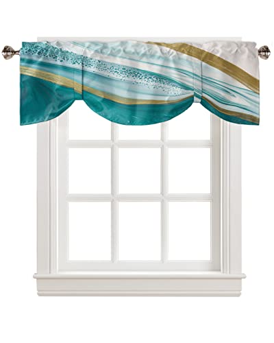 Abstract Tie Up Valance for Kitchen Windows, Turquoise White Gold Marble Texture Tie-up Curtain Shade Valances 42"x12" Rod Pocket Short Curtains Window Treatment for Living Room Stone Fluid Art