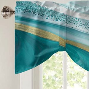 Abstract Tie Up Valance for Kitchen Windows, Turquoise White Gold Marble Texture Tie-up Curtain Shade Valances 42"x12" Rod Pocket Short Curtains Window Treatment for Living Room Stone Fluid Art